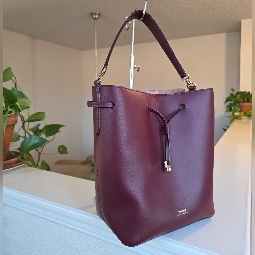 Lauren Ralph Lauren Burgundy Leather Drawstring Satchel - Picture 5 of 16